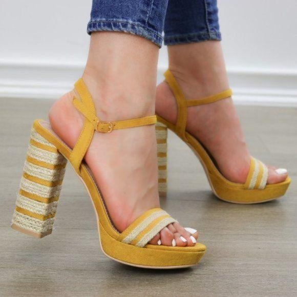 Espadrille Heel Yellow Open Toe Platform Sandal - Picture 3 of 11